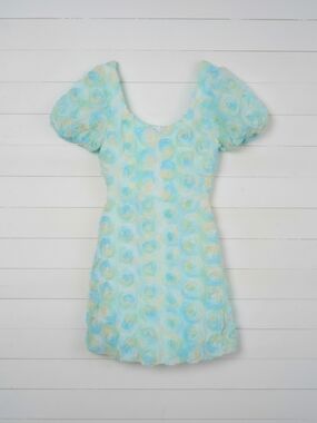 Pastel Blue Floral Puff-Sleeve Kids Dress
